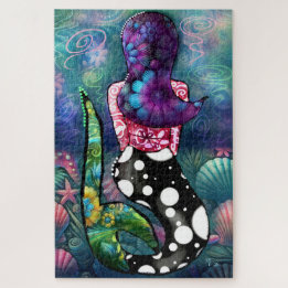 Whimsical Abstract Mermaid Nautical Teal Seashells Jigsaw Puzzle