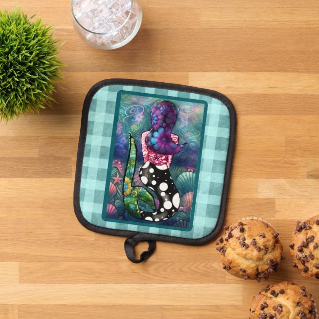 Whimsical Abstract Mermaid Nautical Teal Seashells Pot Holder (Top Down)