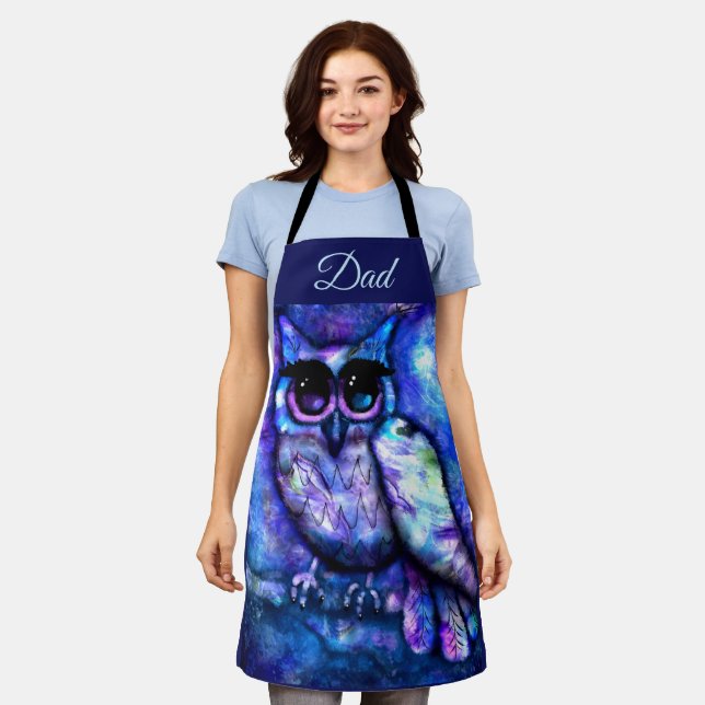Whimsical Abstract Owl Big-Eyed Blue Purple Apron (Worn)