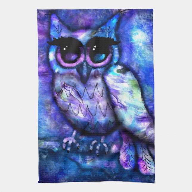Whimsical Abstract Owl Big-Eyed Blue Purple Tea Towel (Vertical)