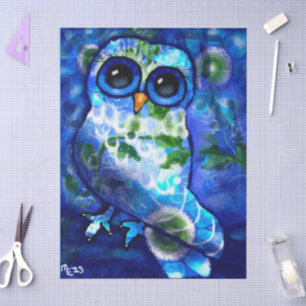 Whimsical Abstract Owl Blue Green Floral Decoupage Tissue Paper