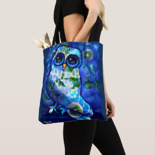 Whimsical Abstract Owl Blue Green Floral Flowers Tote Bag