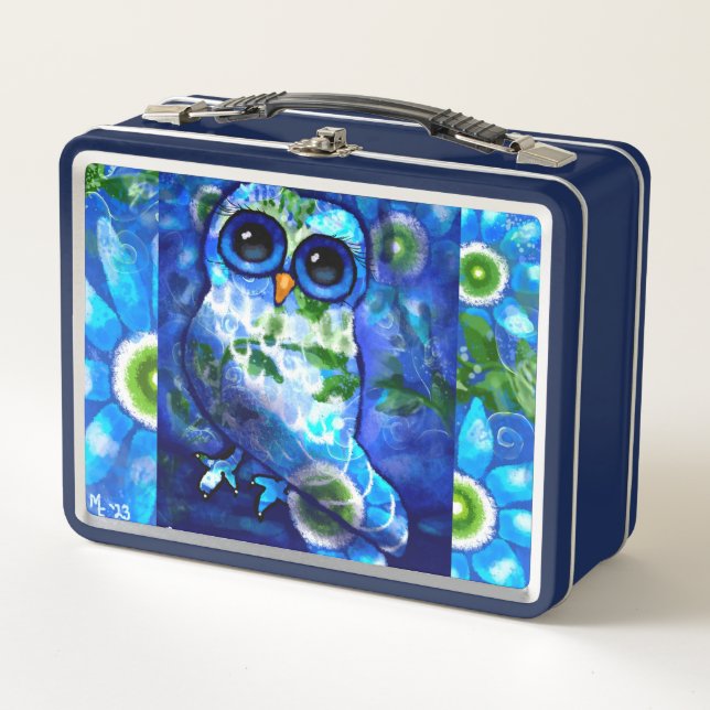 Whimsical Abstract Owl Blue Green Floral Metal Lunch Box (Front)