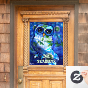 Whimsical Abstract Owl Blue Green Personalised