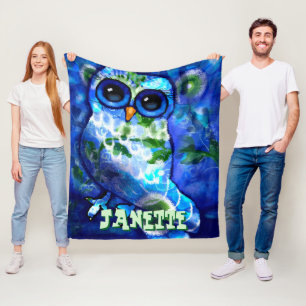 Whimsical Abstract Owl Blue Green Personalised Fleece Blanket