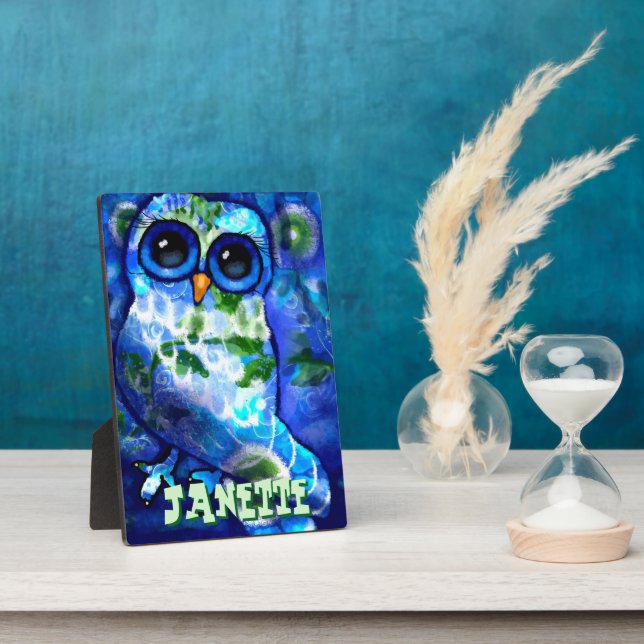 Whimsical Abstract Owl Blue Green Personalised Plaque (Side)