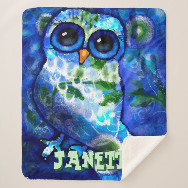 Whimsical Abstract Owl Blue Green Personalised Sherpa Blanket (Front)