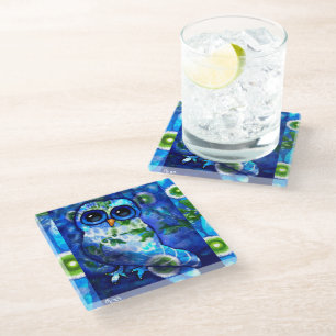 Whimsical Abstract Owl Floral Flower Blue Green Glass Coaster