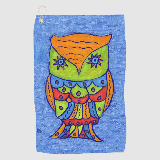 Whimsical Abstract Owl Green Face Star Eyes Blue Golf Towel (Front)