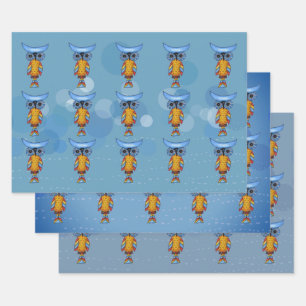 Whimsical Abstract Owls Blue Eyes Colourful Feathe Wrapping Paper Sheet