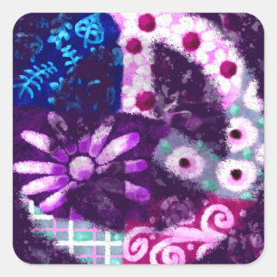 Whimsical Abstract Peace Sign Floral Purple Pink Square Sticker