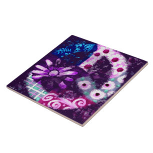 Whimsical Abstract Peace Sign Floral Purple Poster Tile