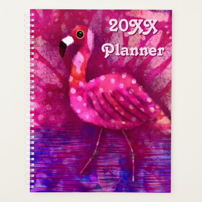 Whimsical Abstract Pink Flamingo Green Purple Planner (Front)