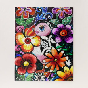 Whimsical Abstract Puffin Bird In Flowers Jigsaw Puzzle