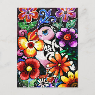 Whimsical Abstract Puffin Bird in Flowers Postcard