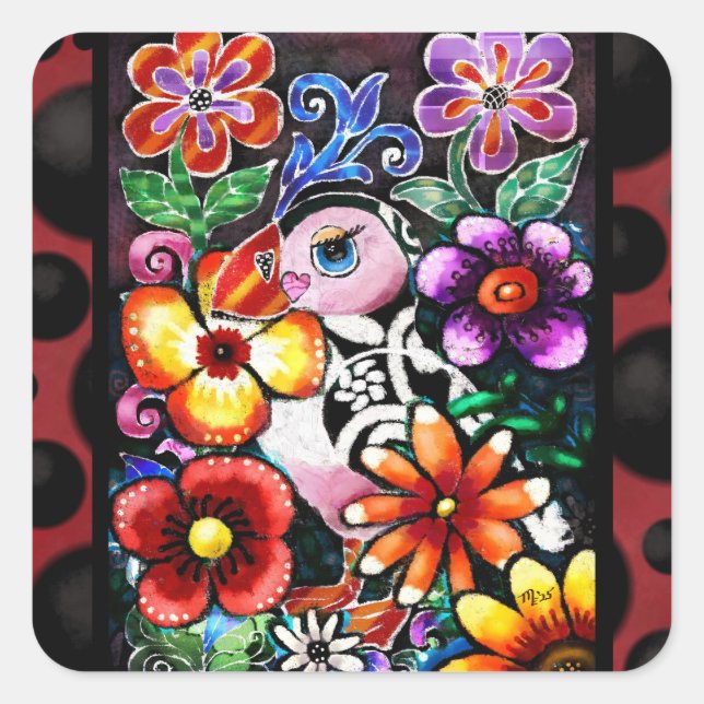 Whimsical Abstract Puffin Bird in Flowers Square Sticker (Front)