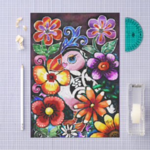Whimsical Abstract Puffin Bird In Flowers Tissue Paper