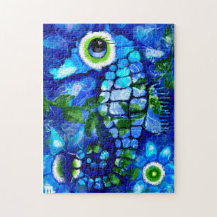 Whimsical Abstract Seahorse Blue Teal Green Floral Jigsaw Puzzle