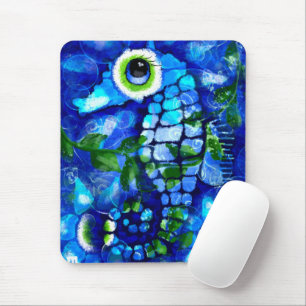 Whimsical Abstract Seahorse Blue Teal Green Floral Mouse Pad
