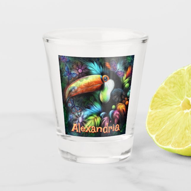 Whimsical Abstract Toucan Bird Personalised Shot Glass (Front)