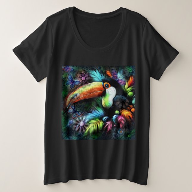 Whimsical Abstract Toucan Bird Toucans Teal Orange Plus Size T-Shirt (Design Front)