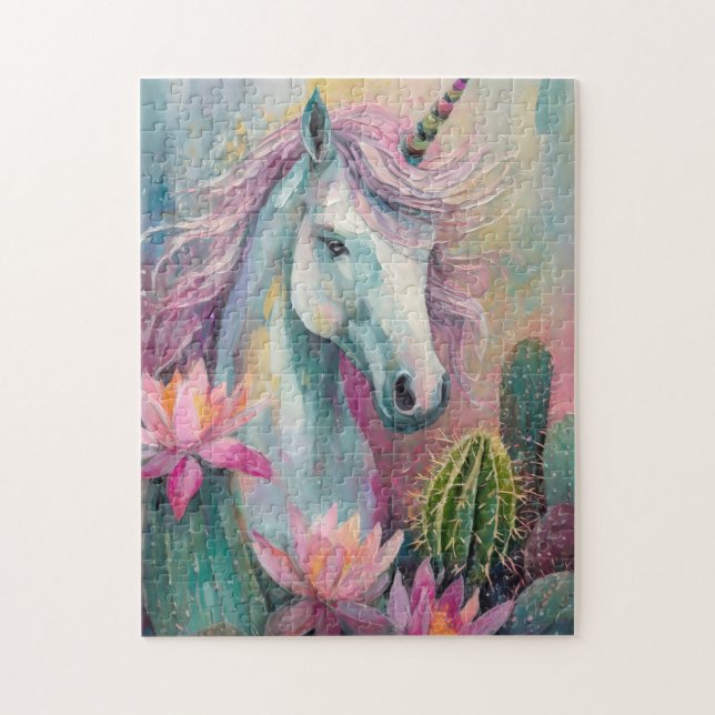 Whimsical Abstract Unicorn and Succulents Jigsaw Puzzle (Vertical)