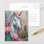 Whimsical Abstract Unicorn and Succulents Postcard<br><div class="desc">A modern abstract painting featuring a whimsical unicorn surrounded by pastel-coloured cacti and succulents. The unicorn, painted in flowing lines and vibrant colours, stands out against the soft tones of blush pinks, mint greens, and pale blues in the desert plants. This playful, imaginative composition combines the mystical aura of the...</div>
