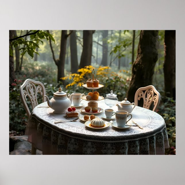 Whimsical Afternoon Tea Setup In Mystical Forest Poster (Front)