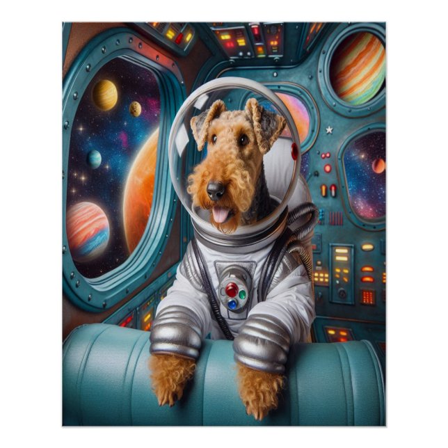 Whimsical Airedale Terrier Working as an Astronaut Poster (Front)