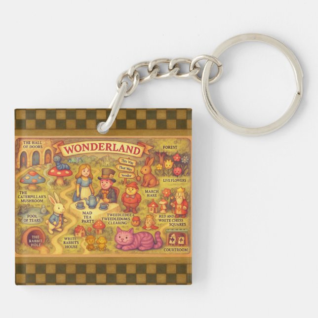 Whimsical Alice Adventures in Wonderland Map Key Ring (Back)