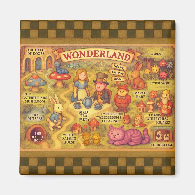 Whimsical Alice Adventures in Wonderland Map Magnet (Front)