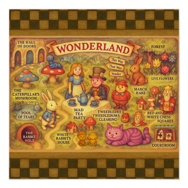 Whimsical Alice Adventures in Wonderland Map Poster (Front)
