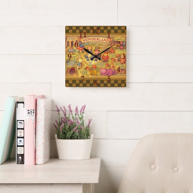 Whimsical Alice Adventures in Wonderland Map Square Wall Clock (Reading Room)