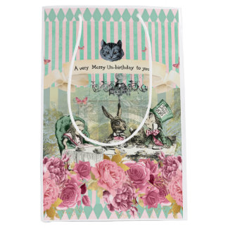Whimsical Alice blue striped floral unbirthday Medium Gift Bag