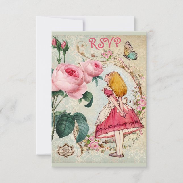 Whimsical Alice in Wonderland Collage RSVP Card (Front)