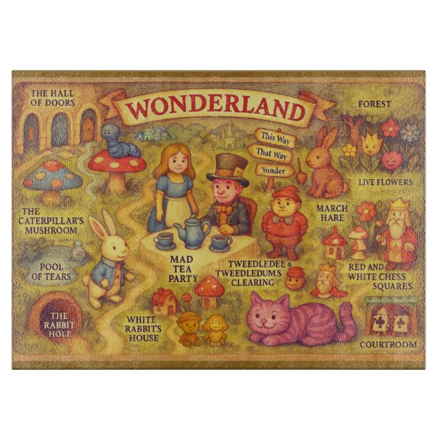 Whimsical Alice in Wonderland Map Cutting Board (Front)