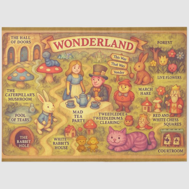 Whimsical Alice in Wonderland Map Tissue Paper (Front)