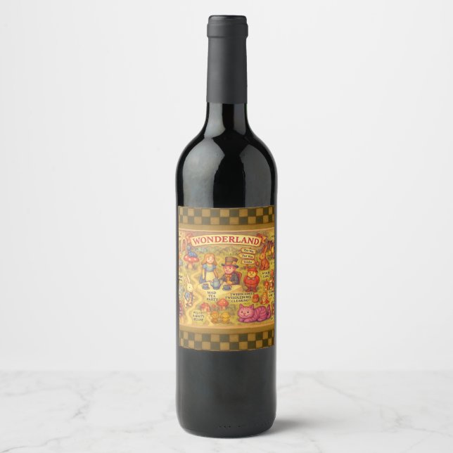 Whimsical Alice in Wonderland Map Wine Label (Front)