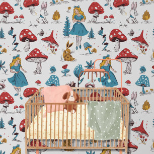Whimsical Alice in Wonderland Red Mushroom Rabbit  Wallpaper