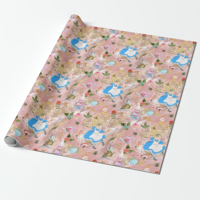 Whimsical Alice's Adventures in Wonderland Party Wrapping Paper (Unrolled)