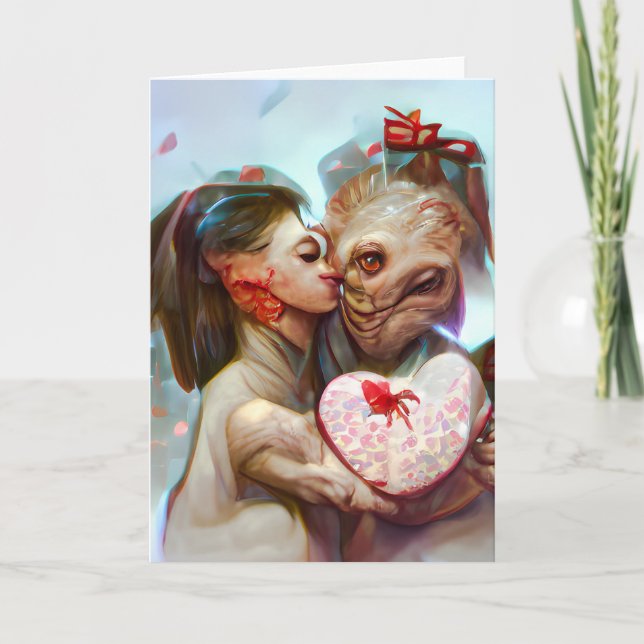 Whimsical Alien Romance Holiday Card (Front)
