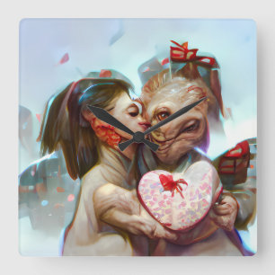 Whimsical Alien Romance Square Wall Clock