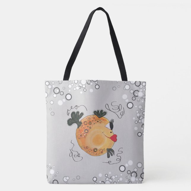 Whimsical and Adorable Fish Art in Teal Tote Bag (Front)
