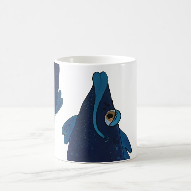 Whimsical and Adorable Fish Artwork in Rich Blues Coffee Mug (Center)