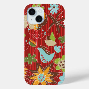 Whimsical And Chic Floral Garden On Red Stripes iPhone 15 Case