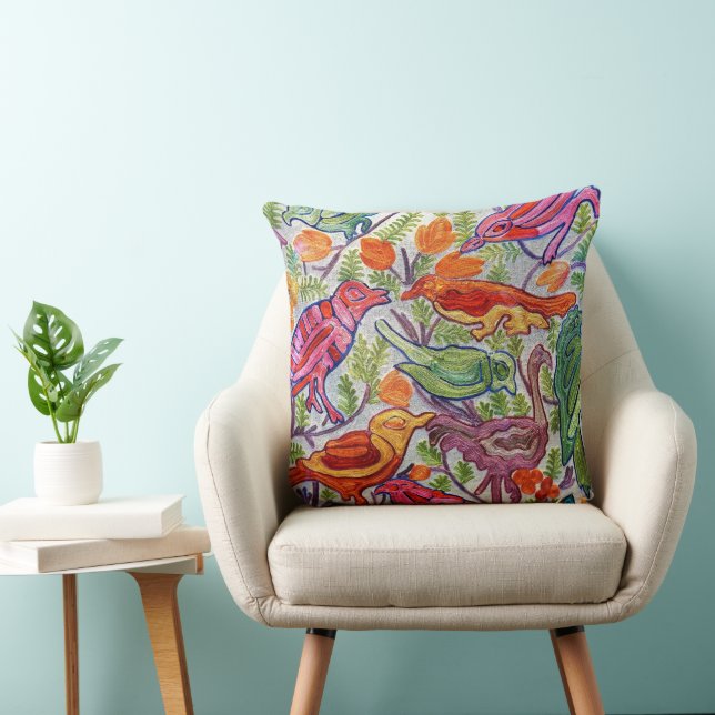 Whimsical and Colourful Floral Bird Throw Pillow (Chair)