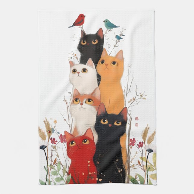 Whimsical and Cute Curious Cats Kitchen Towels (Vertical)