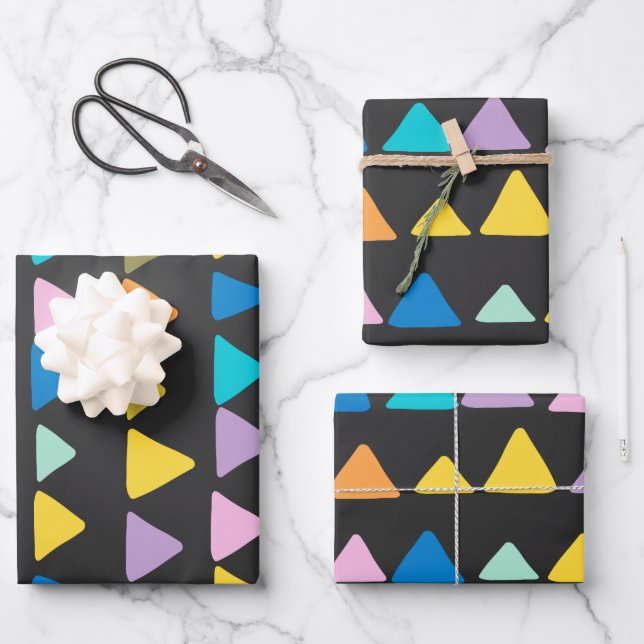 Whimsical and Cute Triangle Pattern Colourful Blac Wrapping Paper Sheet (Front)