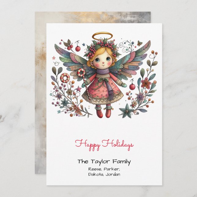 Whimsical Angel Illustration Happy  Holiday Card (Front/Back)