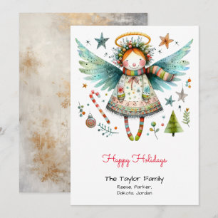 Whimsical Angel Illustration Happy Holidays Red Holiday Card